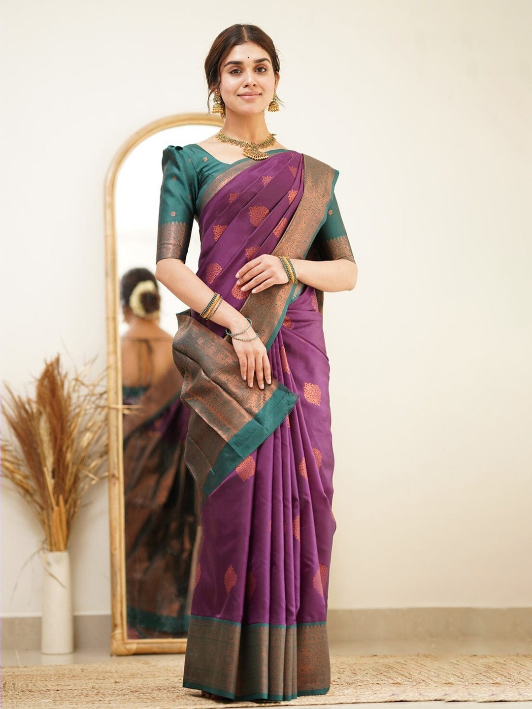 

Quelea Purple & Green Woven Design Zari Pure Silk Kanjeevaram Saree