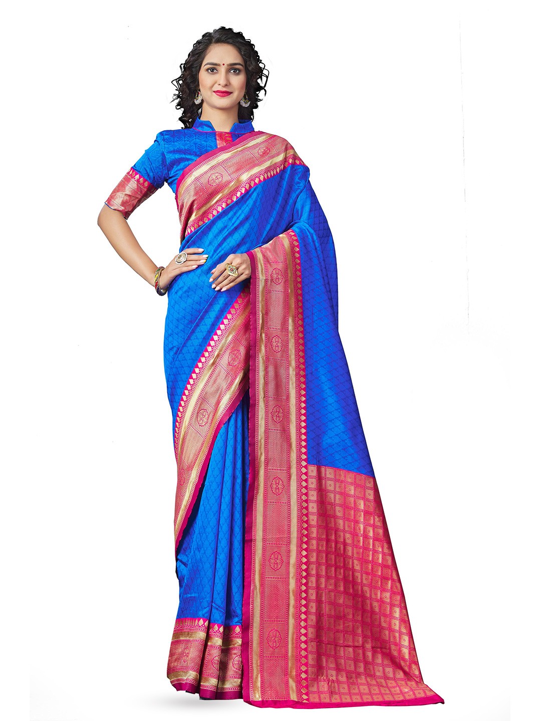 

Quelea Geometric Woven Design Zari Pure Silk Kanjeevaram Saree, Blue