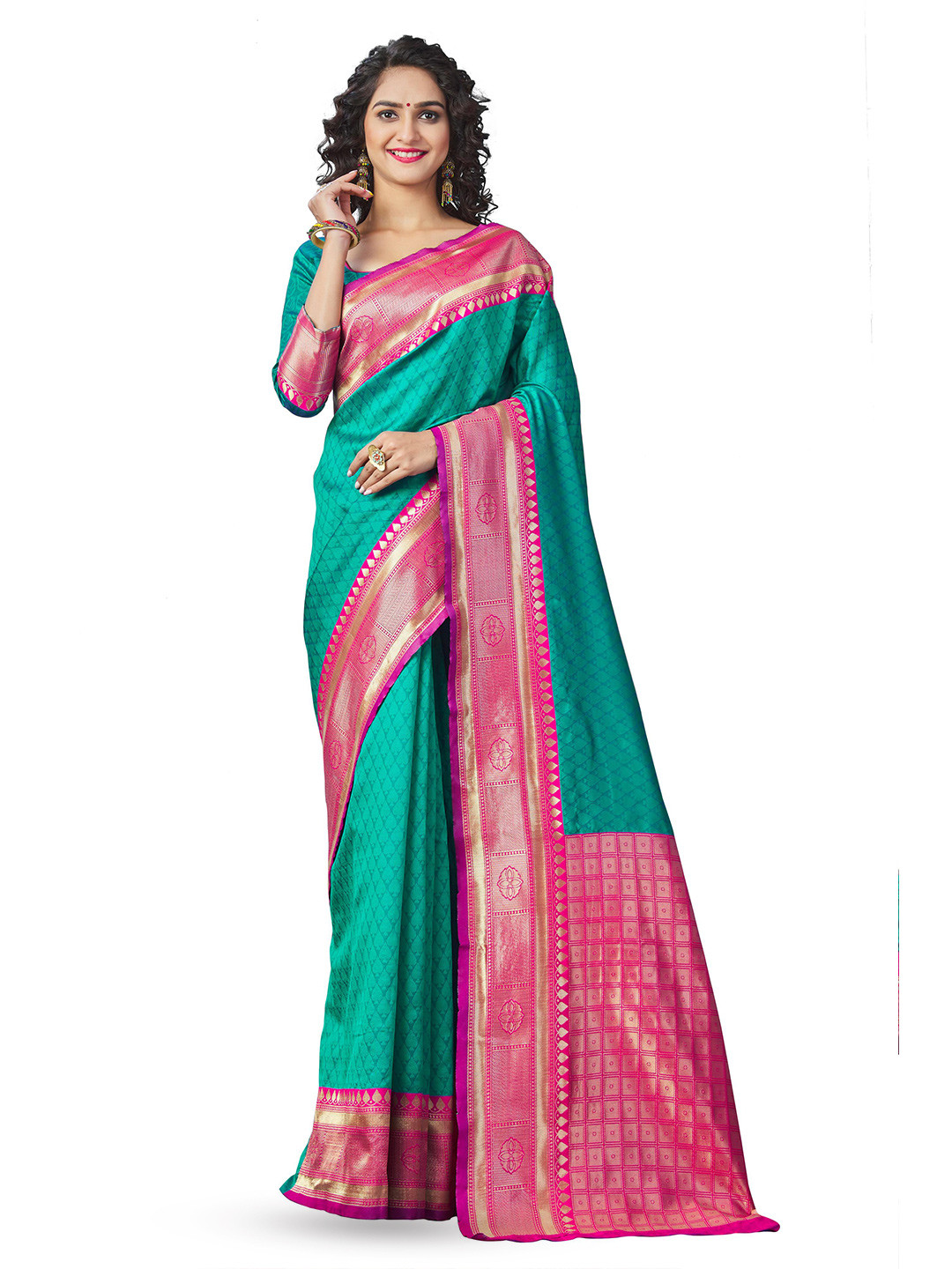 

Quelea Woven Design Zari Pure Silk Kanjeevaram Saree, Teal
