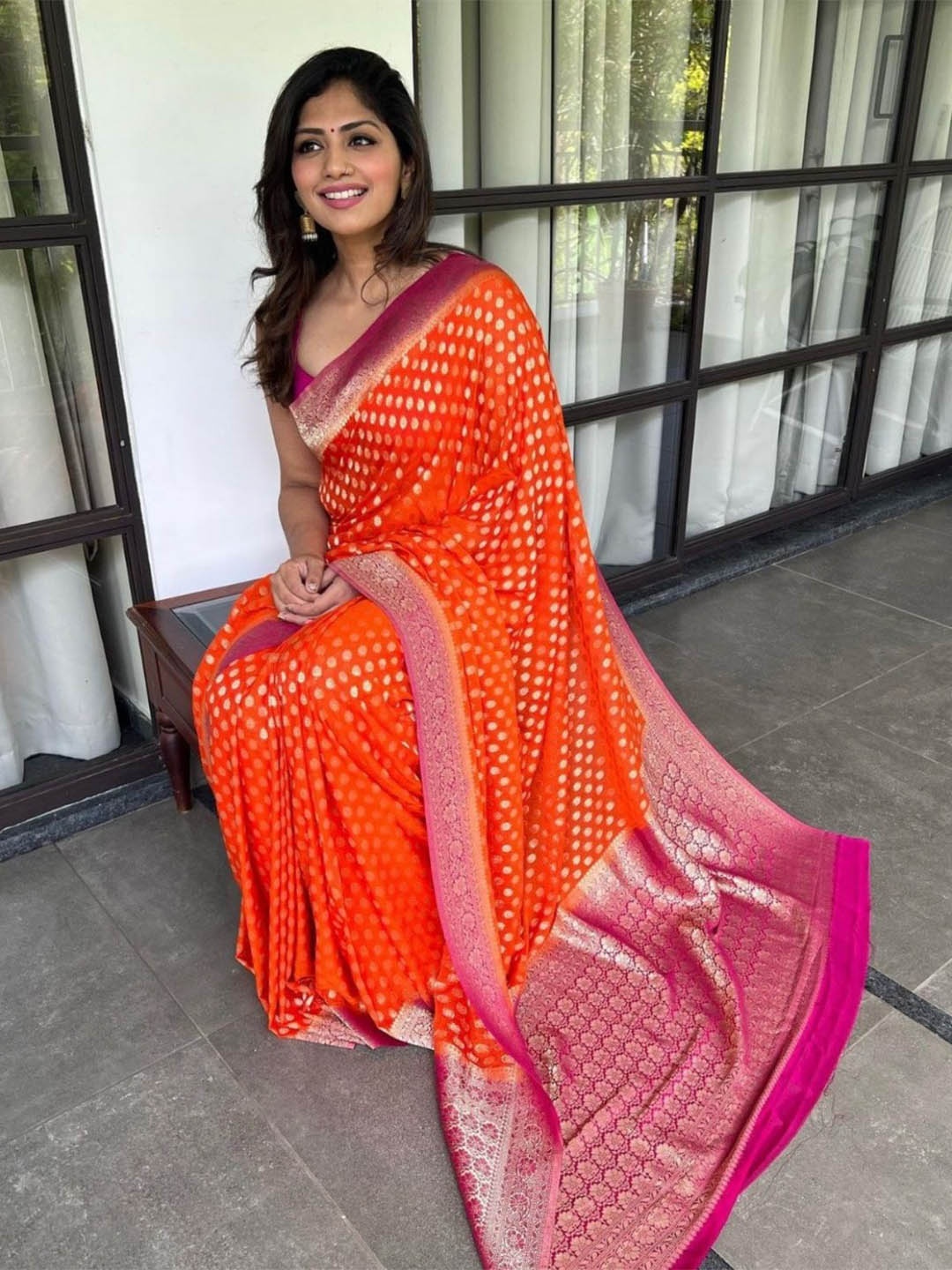 

Quelea Polka Dots Woven Design Zari Pure Silk Kanjeevaram Saree, Orange