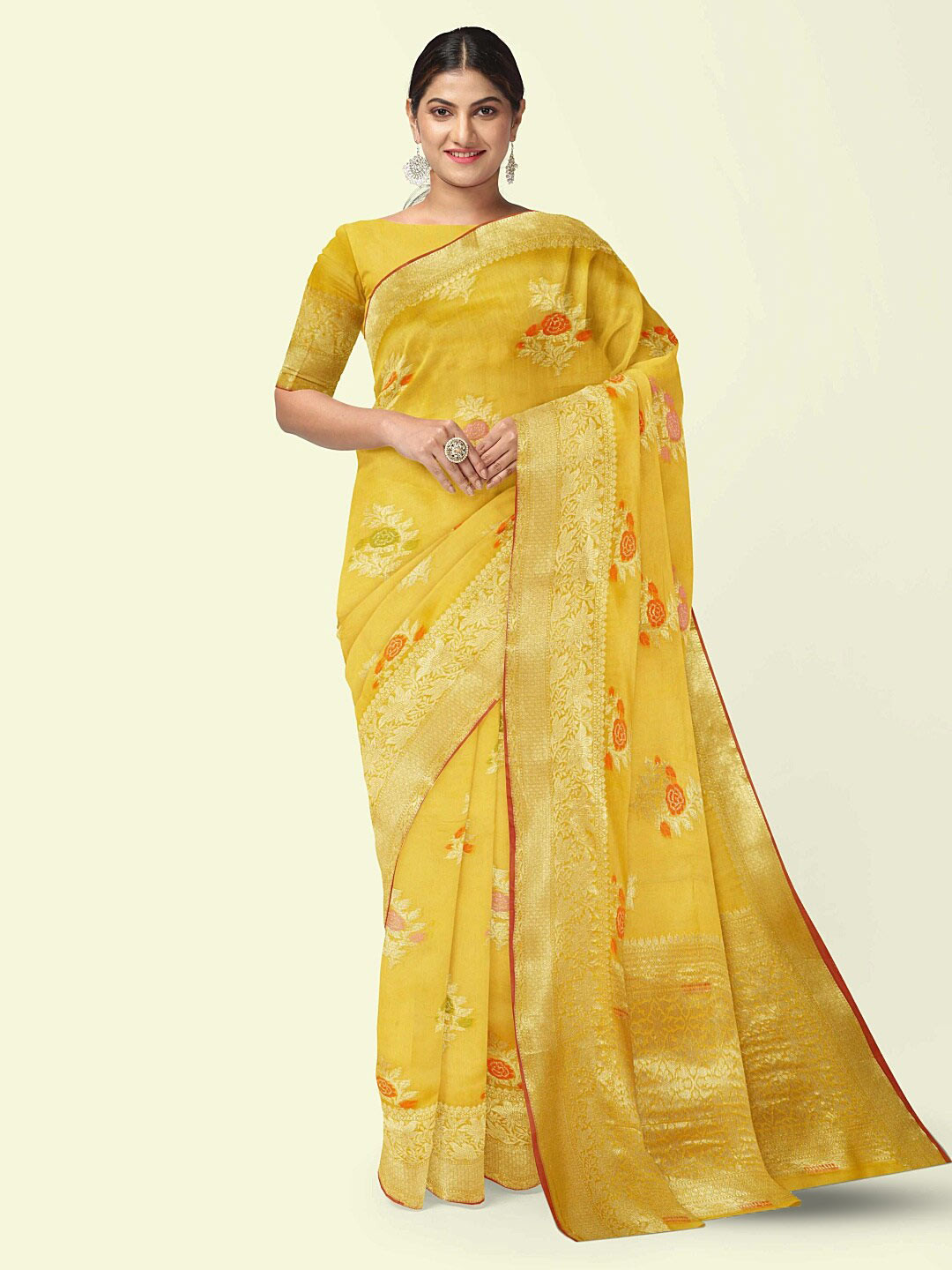 

PTIEPL Banarasi Silk Works GoldToned & Red Ethnic Woven Design Zari Cotton Banarasi Saree, Gold