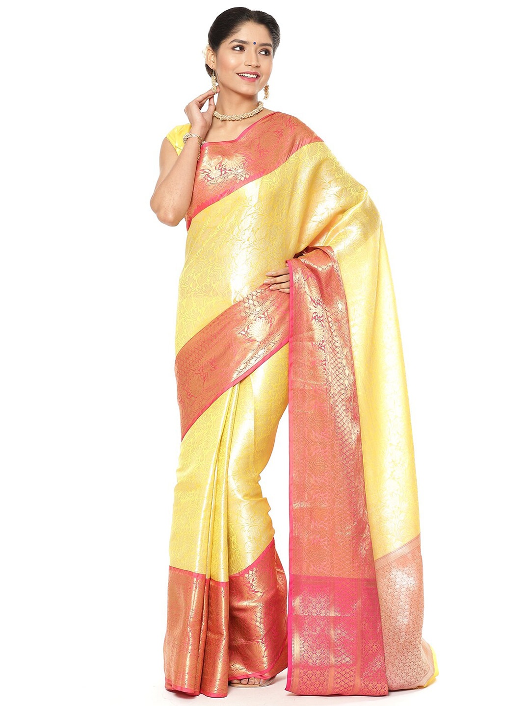 

PTIEPL Banarasi Silk Works Yellow & Red Ethnic Motifs Zari Art Silk Banarasi Saree