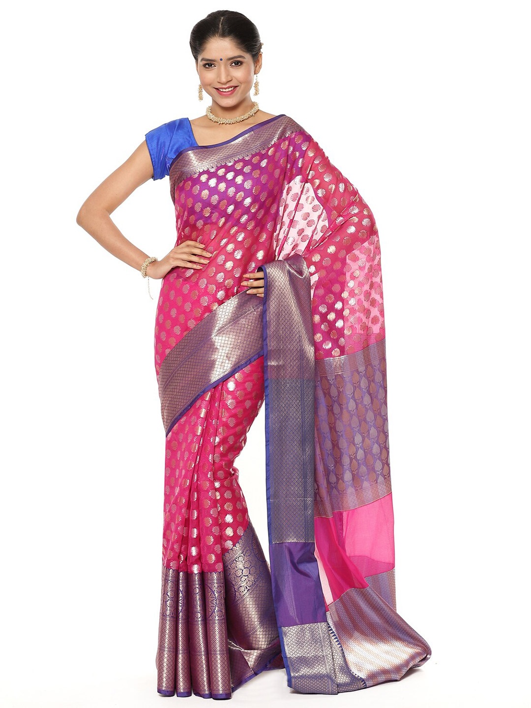 

PTIEPL Banarasi Silk Works Pink & Purple Ethnic Motifs Zari Art Silk Banarasi Saree