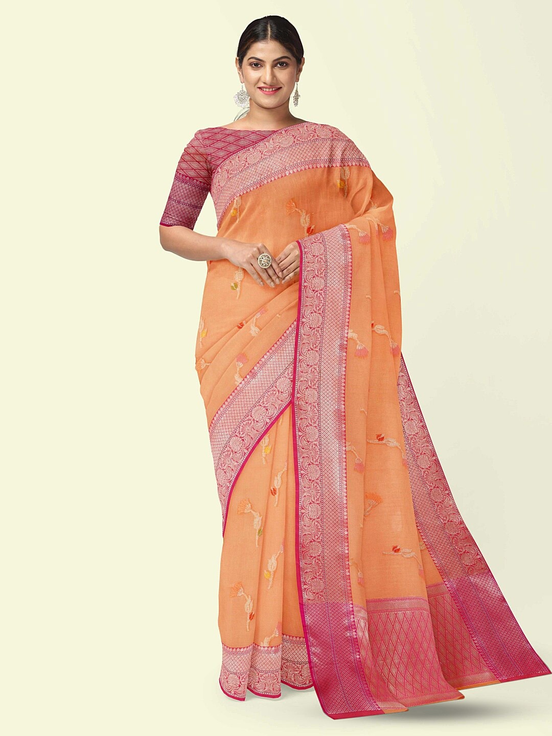 

PTIEPL Banarasi Silk Works Orange & Magenta Floral Zari Banarasi Saree
