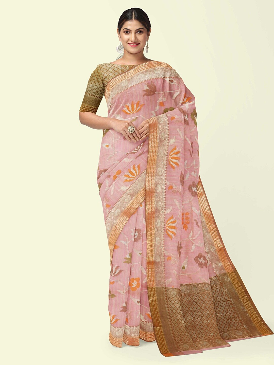 

PTIEPL Banarasi Silk Works Pink & Brown Ethnic Woven Design Zari Silk Banarasi Saree