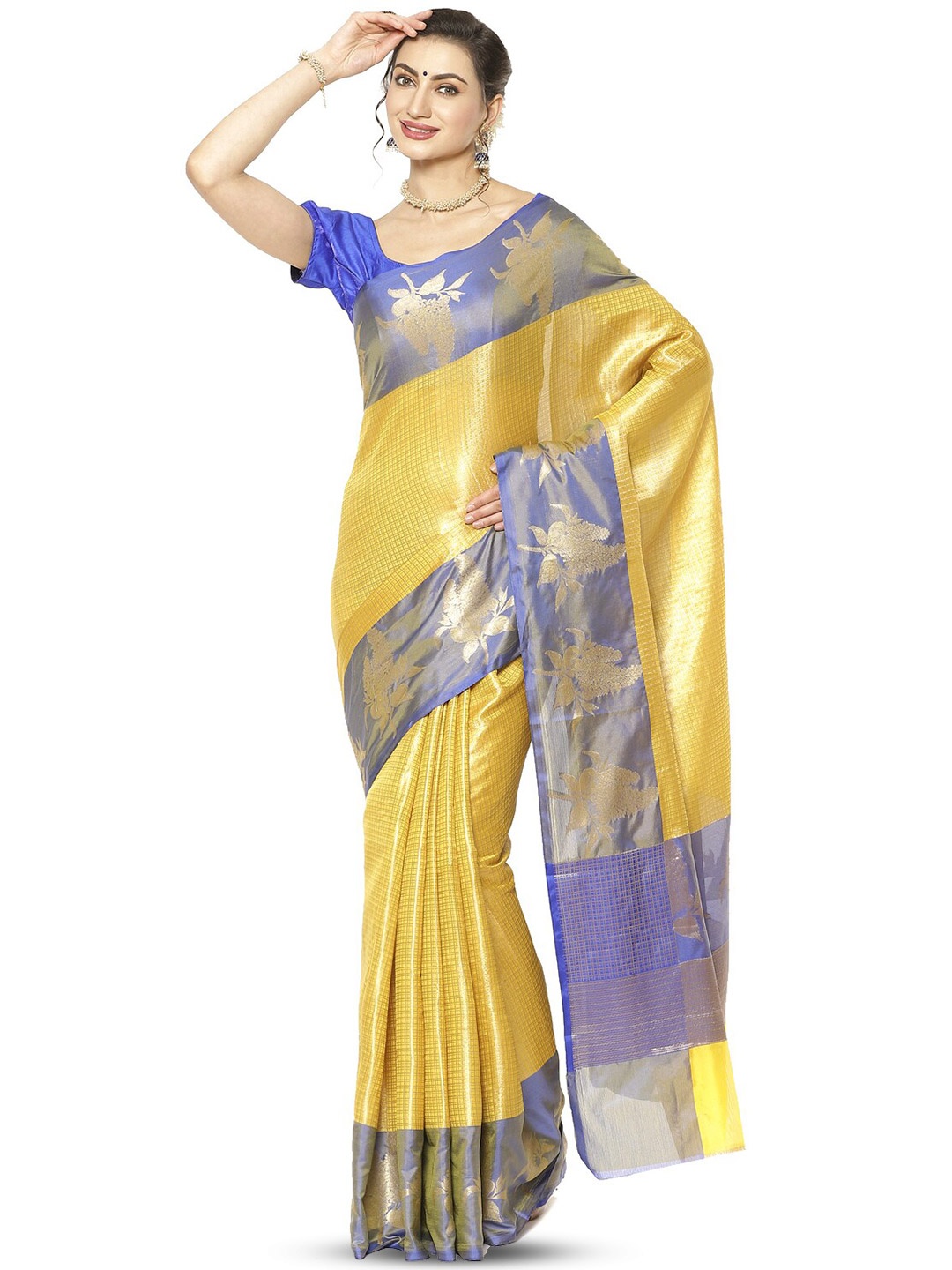 

PTIEPL Banarasi Silk Works Checked Woven Design Zari Kanjeevaram Saree, Gold