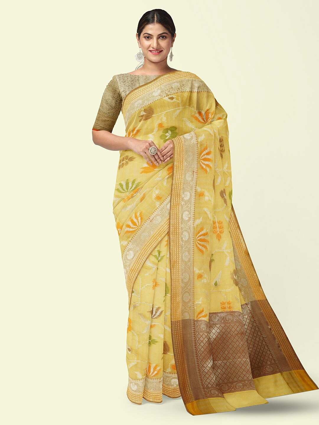 

PTIEPL Banarasi Silk Works Ethnic Motifs Woven Design Zari Banarasi Saree, Yellow