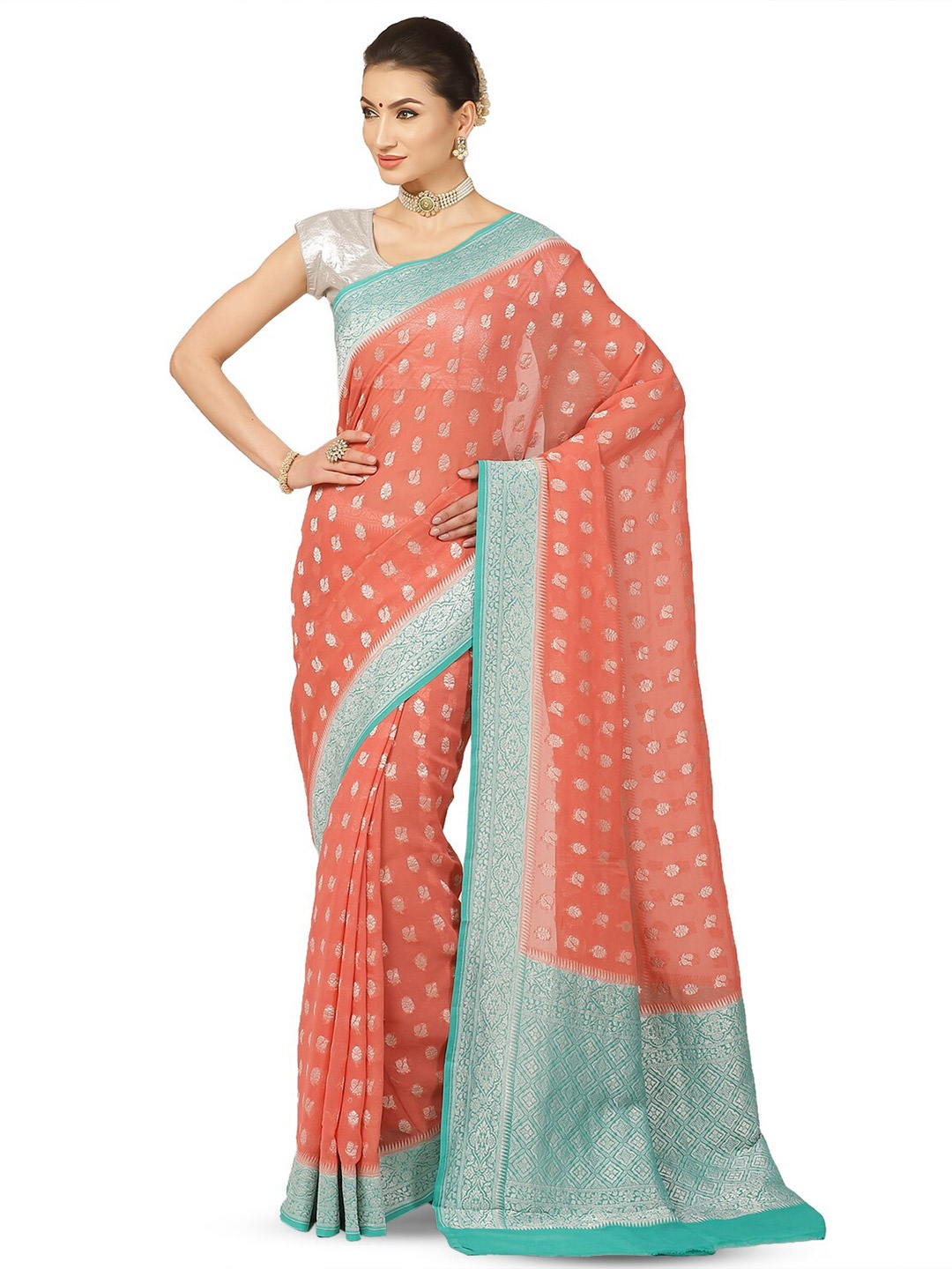

PTIEPL Banarasi Silk Works Paisley Woven Design Zari Pure Georgette Banarasi Saree, Pink
