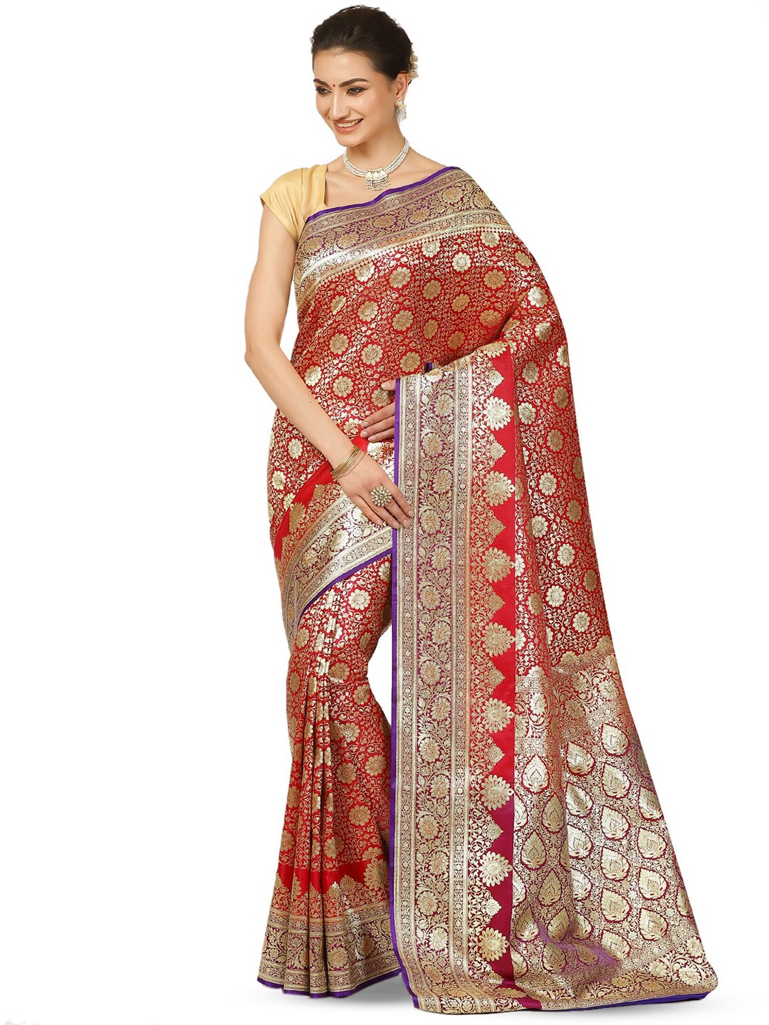 

PTIEPL Banarasi Silk Works Ethnic Motifs Woven Design Zari Satin Banarasi Saree, Pink