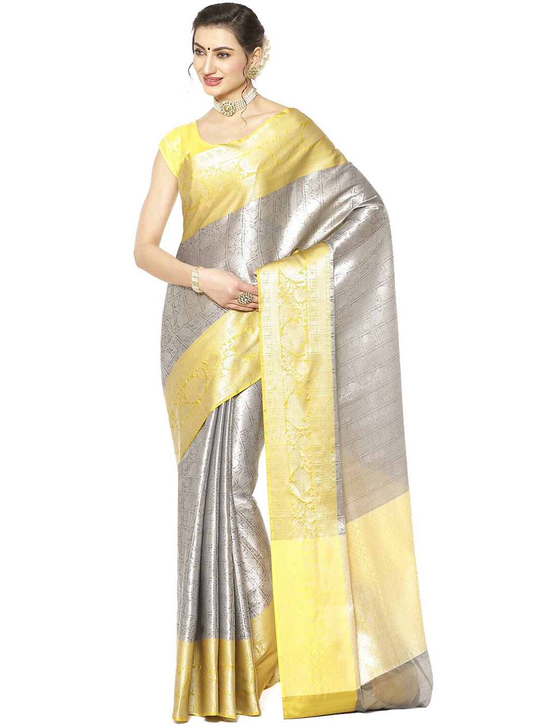 

PTIEPL Banarasi Silk Works Ethnic Motifs Woven Design Zari Kanjeevaram Saree, Grey