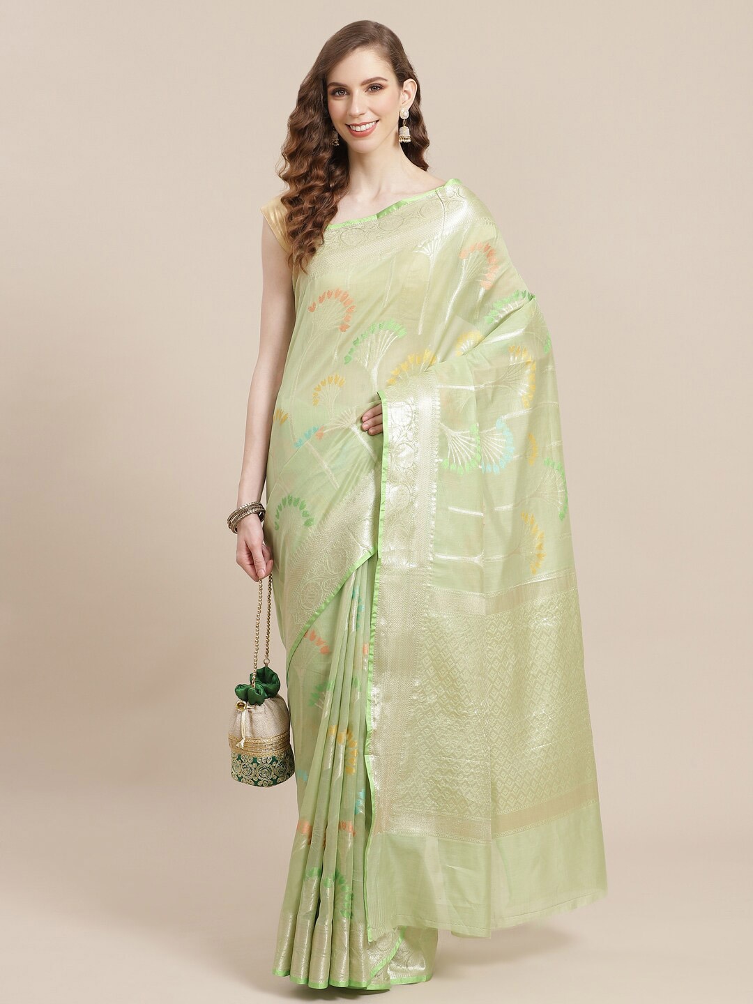 

PTIEPL Banarasi Silk Works Floral Woven Design Zari Banarasi Saree, Green