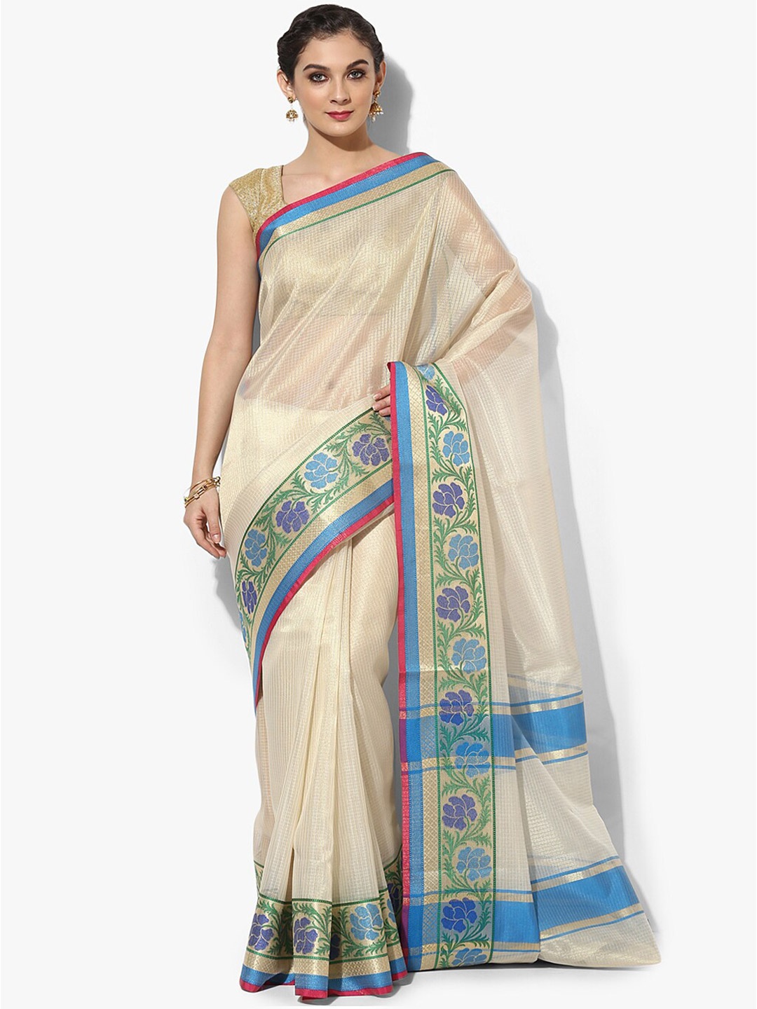 

PTIEPL Banarasi Silk Works Striped Woven Design Zari Art Silk Banarasi Saree, Beige