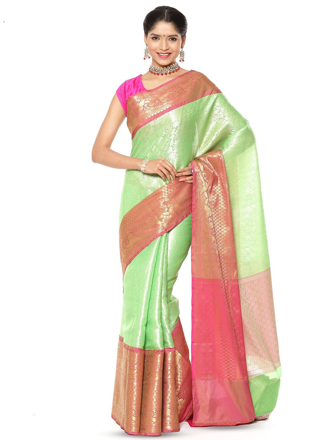 

PTIEPL Banarasi Silk Works Ethnic Motifs Woven Design Zari Art Silk Banarasi Saree, Green