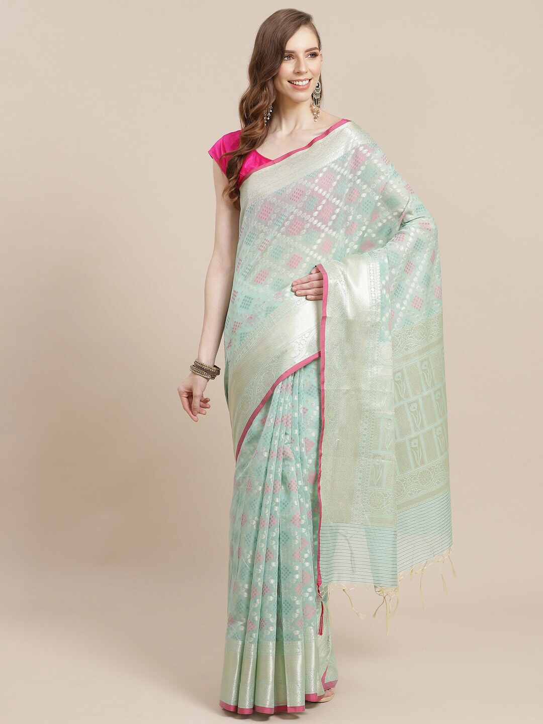 

PTIEPL Banarasi Silk Works Geometric Woven Design Zari Banarasi Saree, Sea green