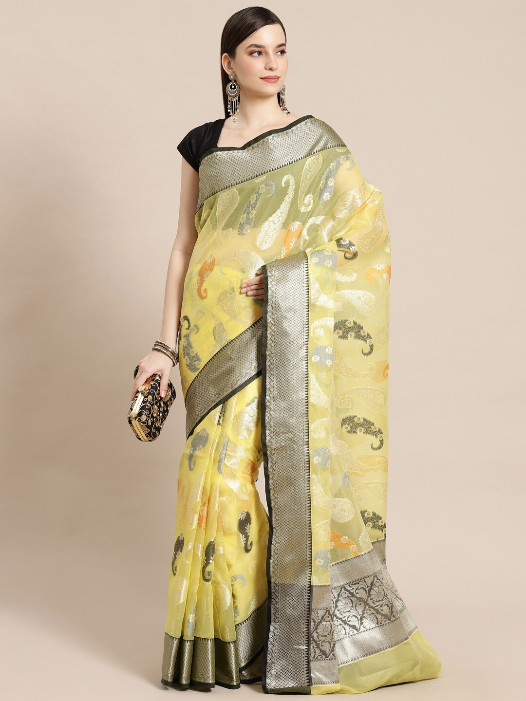 

PTIEPL Banarasi Silk Works Ethnic Motifs Woven Design Zari Organza Banarasi Saree, Gold