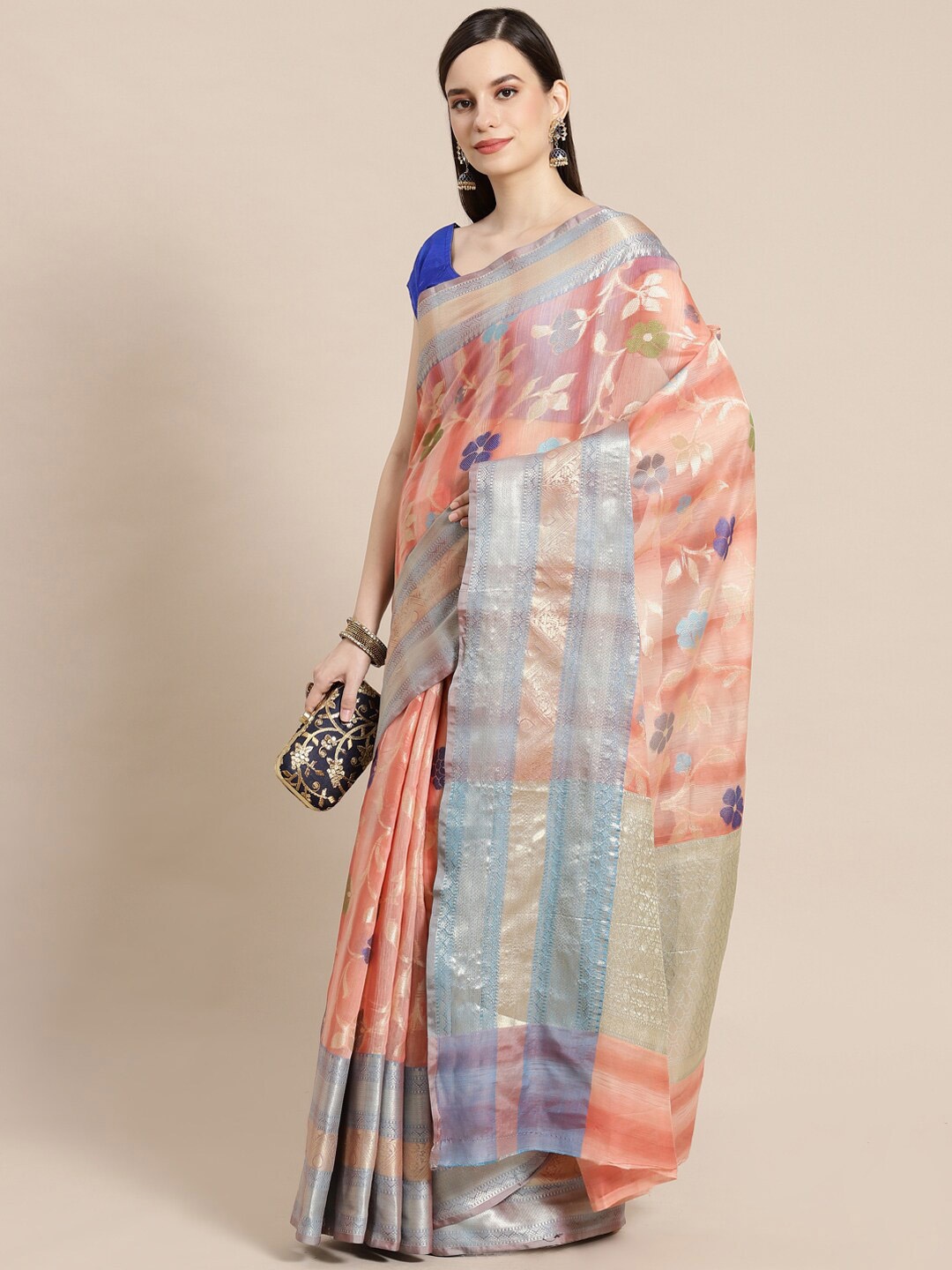 

PTIEPL Banarasi Silk Works Floral Woven Design Zari Banarasi Saree, Peach