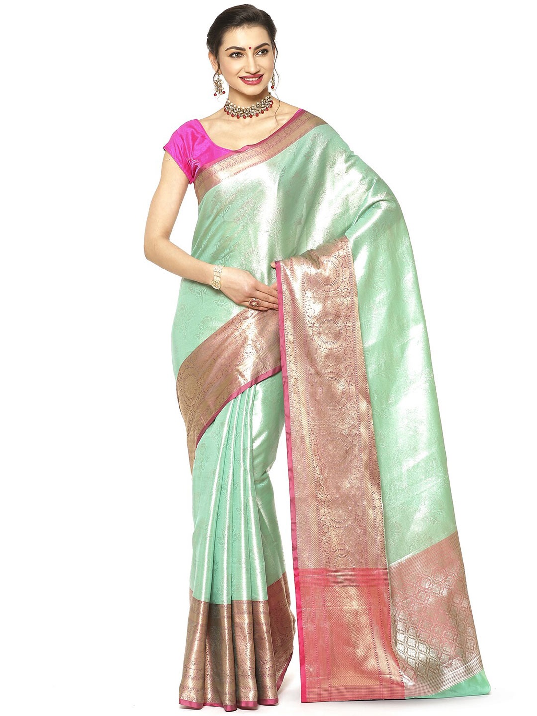 

PTIEPL Banarasi Silk Works Ethnic Motifs Woven Design Zari Kanjeevaram Saree, Sea green