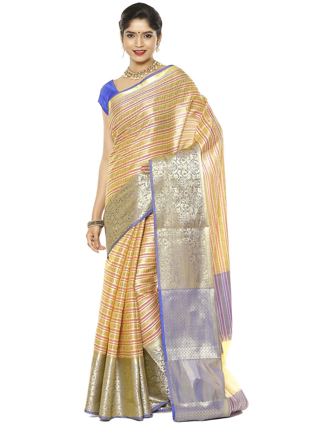 

PTIEPL Banarasi Silk Works Striped Woven Design Zari Kanjeevaram Saree, Beige