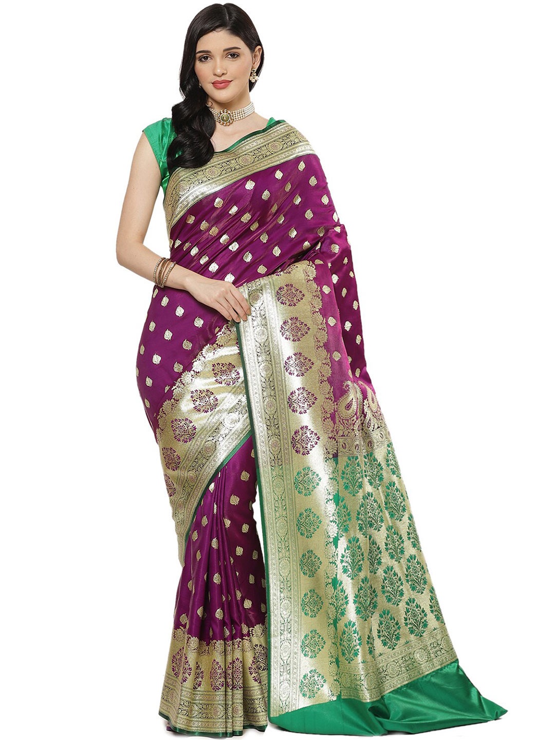 

PTIEPL Banarasi Silk Works Paisley Woven Design Zari Satin Banarasi Saree, Purple