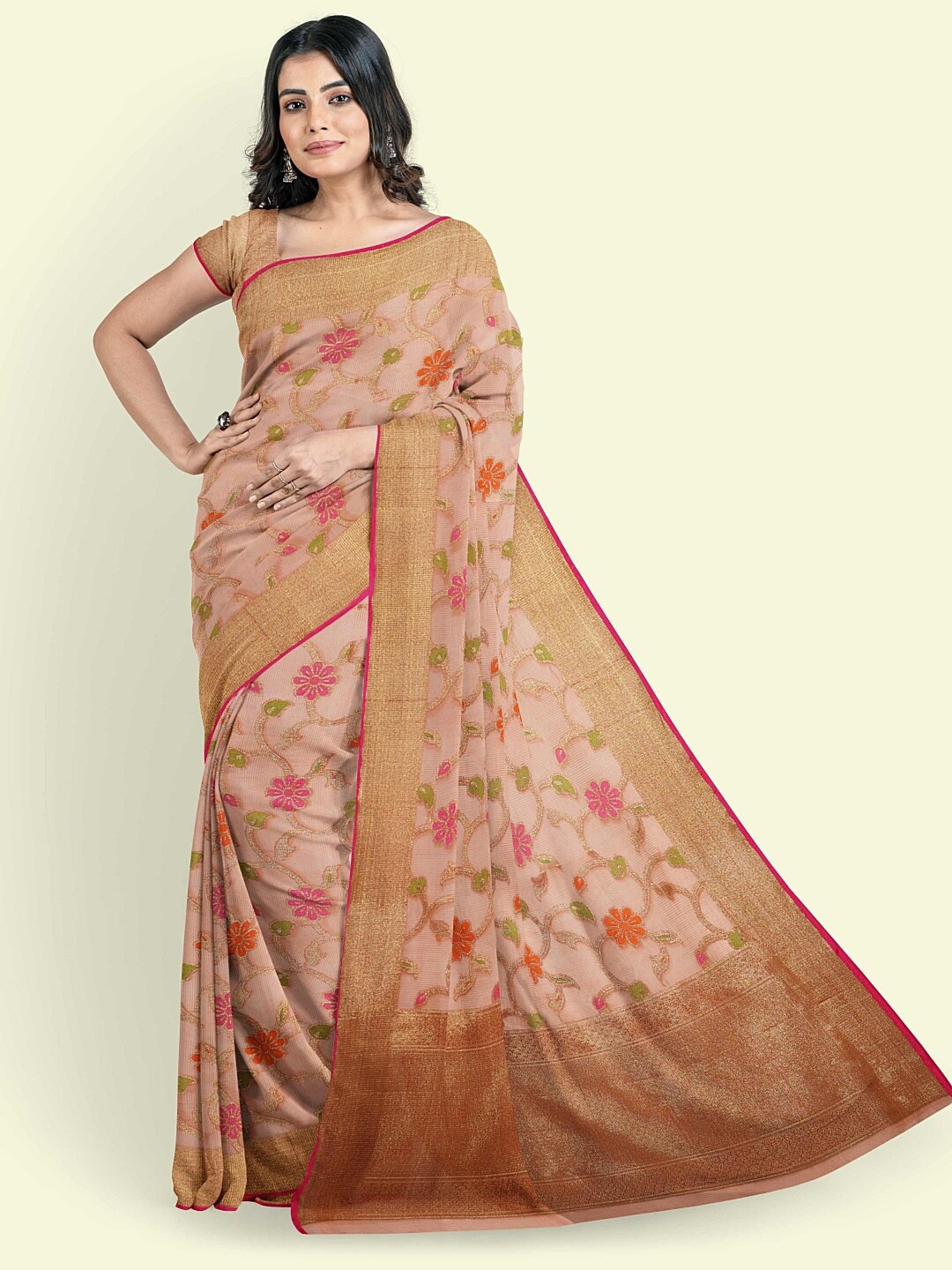 

PTIEPL Banarasi Silk Works Floral Printed Woven Design Zari Banarasi Saree, Yellow