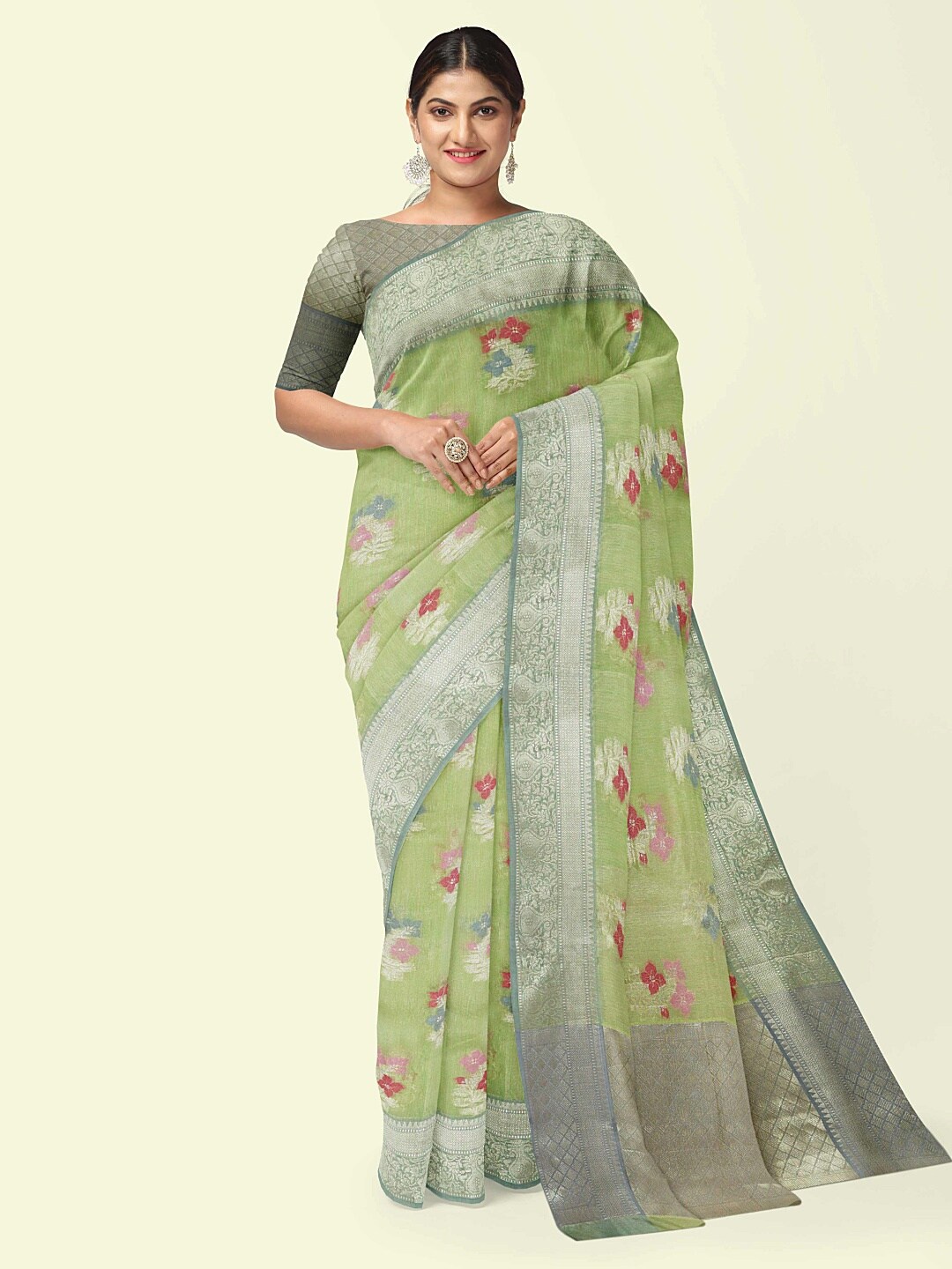 

PTIEPL Banarasi Silk Works Floral Printed Woven Design Zari Banarasi Saree, Green