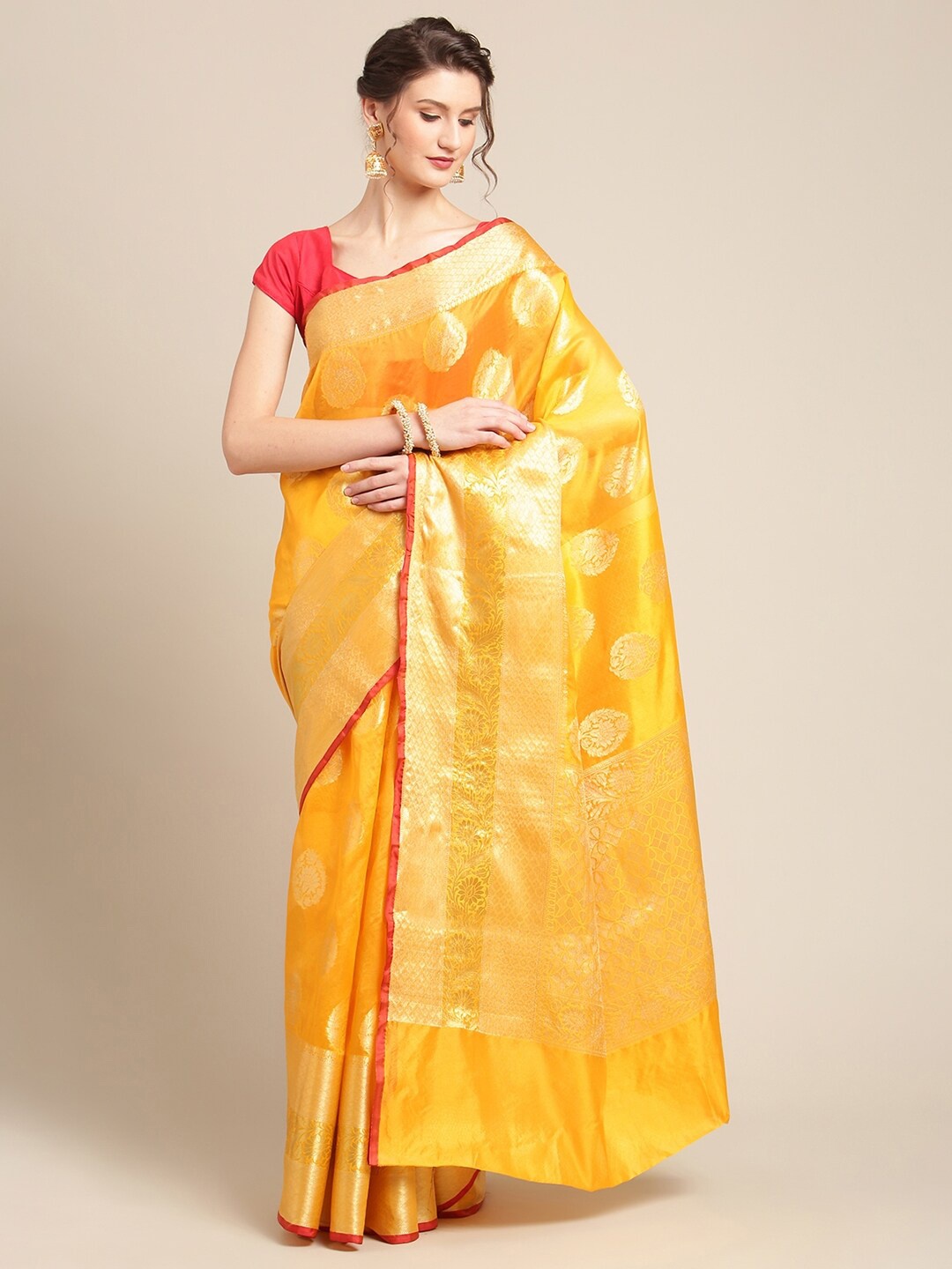 

PTIEPL Banarasi Silk Works Floral Woven Design Zari Saree, Gold