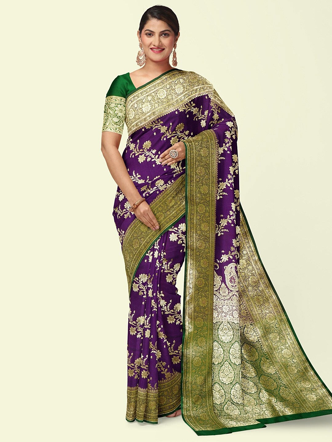 

PTIEPL Banarasi Silk Works Floral Woven Design Zari Satin Saree, Purple