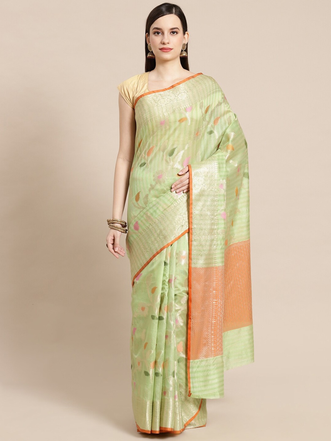 

PTIEPL Banarasi Silk Works Floral Woven Design Zari Saree, Green