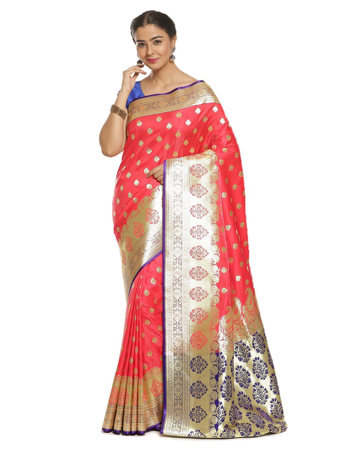 

PTIEPL Banarasi Silk Works Ethnic Motifs Woven Design Zari Satin Saree, Pink