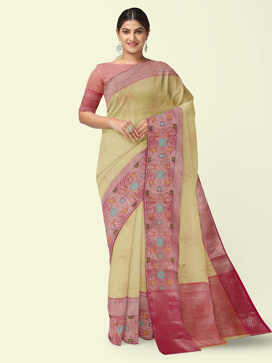 

PTIEPL Banarasi Silk Works Floral Woven Design Zari Saree, Green
