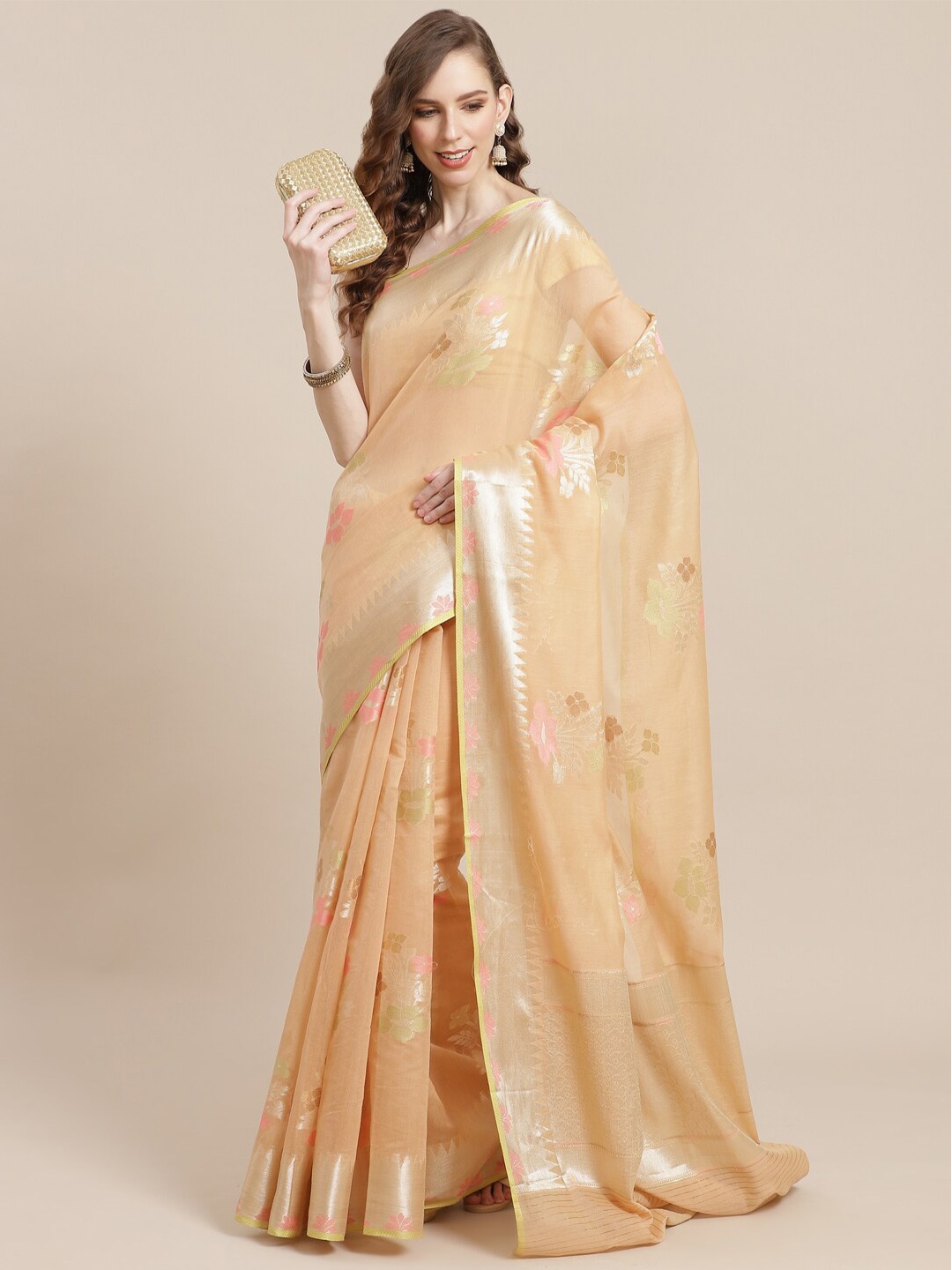 

PTIEPL Banarasi Silk Works Floral Woven Design Zari Saree, Beige