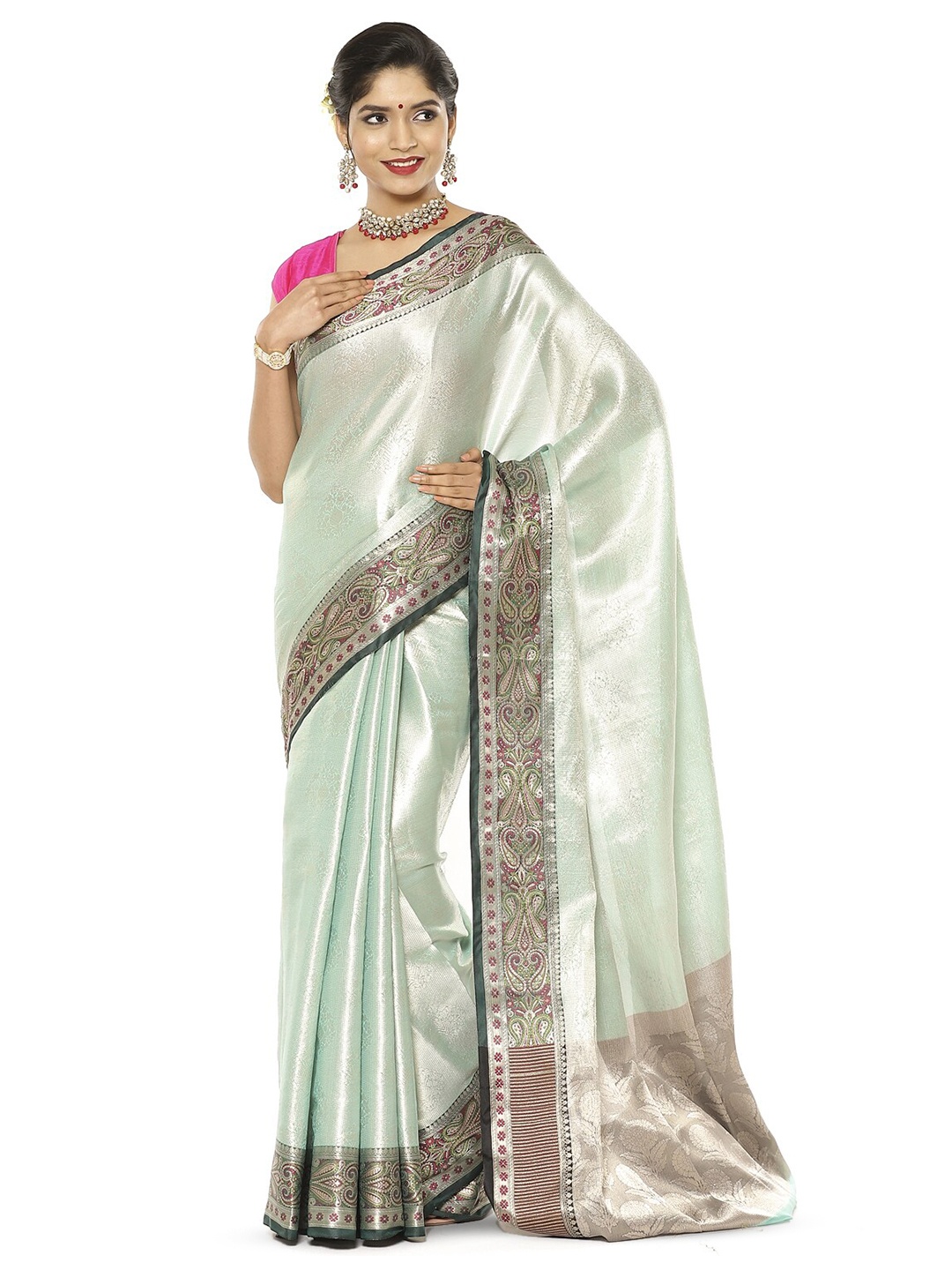 

PTIEPL Banarasi Silk Works Ethnic Motifs Woven Design Zari Kanjeevaram Saree, Green