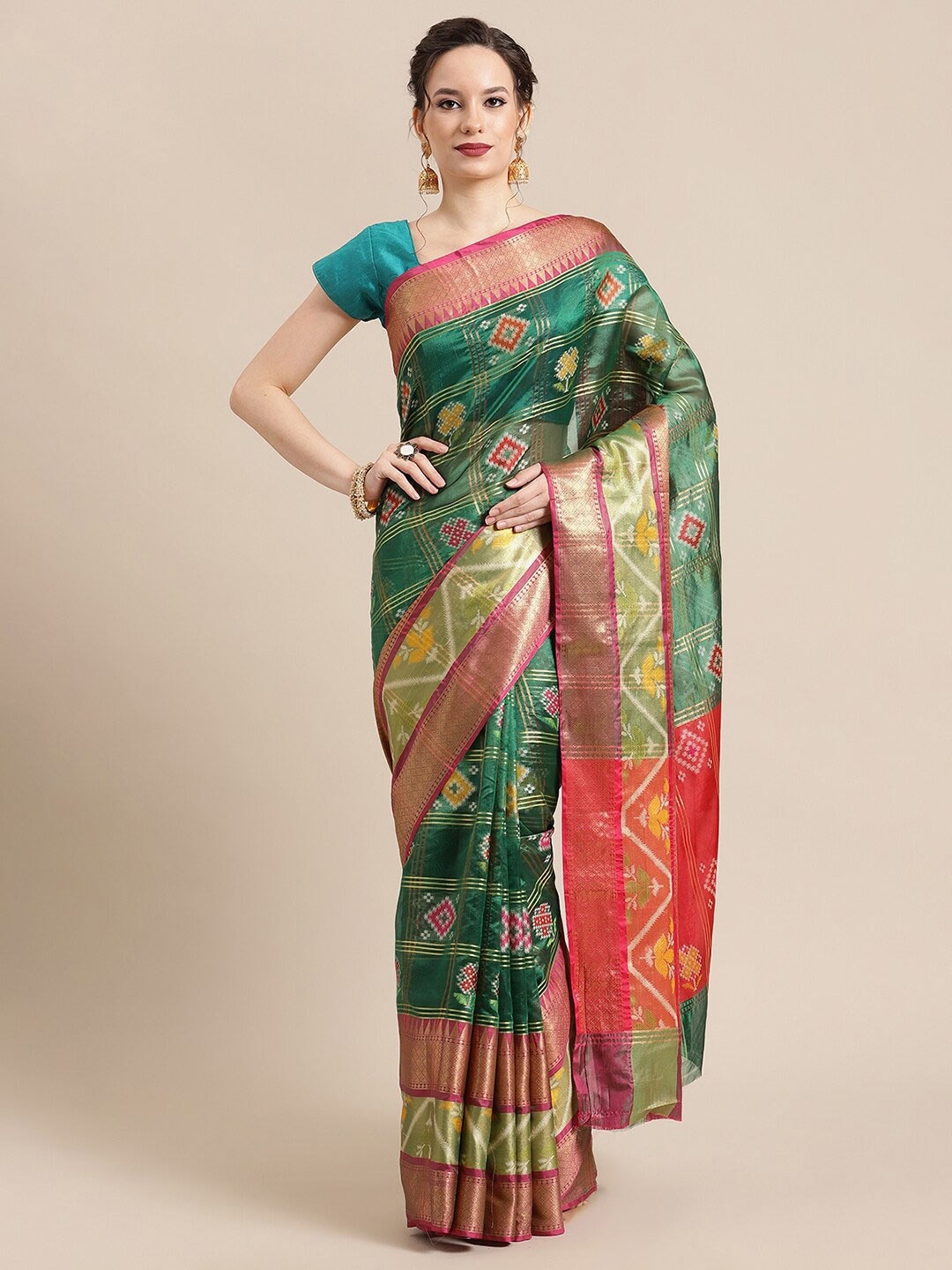 

PTIEPL Banarasi Silk Works Ethnic Motifs Woven Design Zari Art Silk Ikat Saree, Green