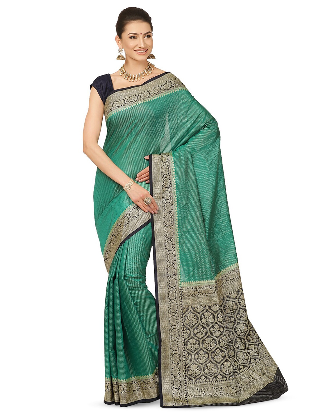 

PTIEPL Banarasi Silk Works Striped Woven Design Zari Saree, Green