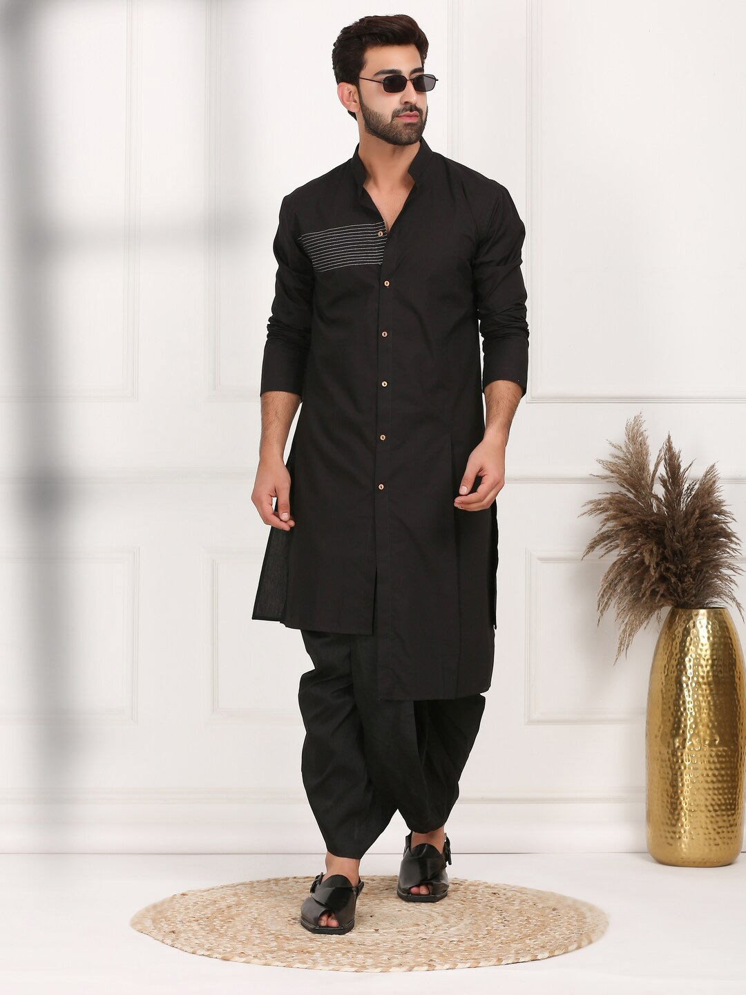 

MIDAV Striped Thread Work Mandarin Collar Cotton Asymmetric A-Line kurta, Black
