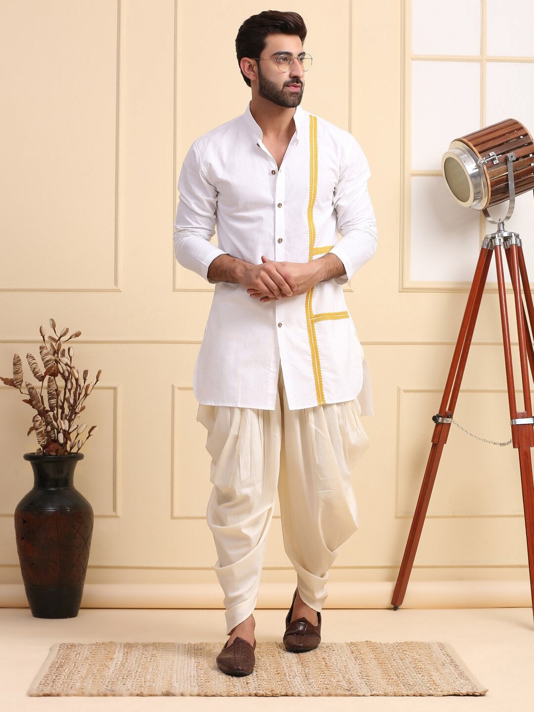 

MIDAV Ethnic Motifs Striped Band Collar Thread Work Cotton Straight Kurta, White