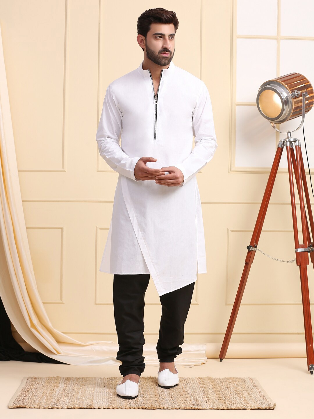 

MIDAV Mandarin Collar Cotton Asymmetric A-Line kurta, White