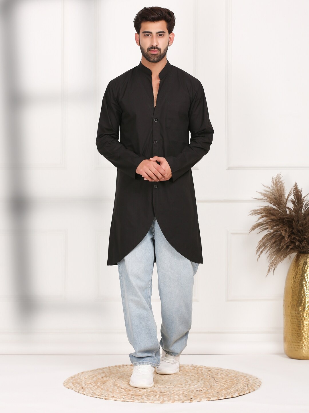 

MIDAV center front open high-low Cotton kurta, Black