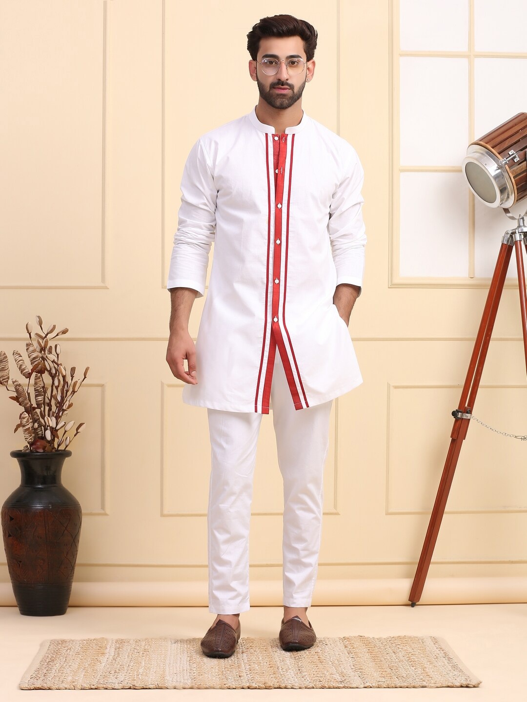 

MIDAV Striped Thread Work Mandarin Collar Cotton A-Line Kurta, White