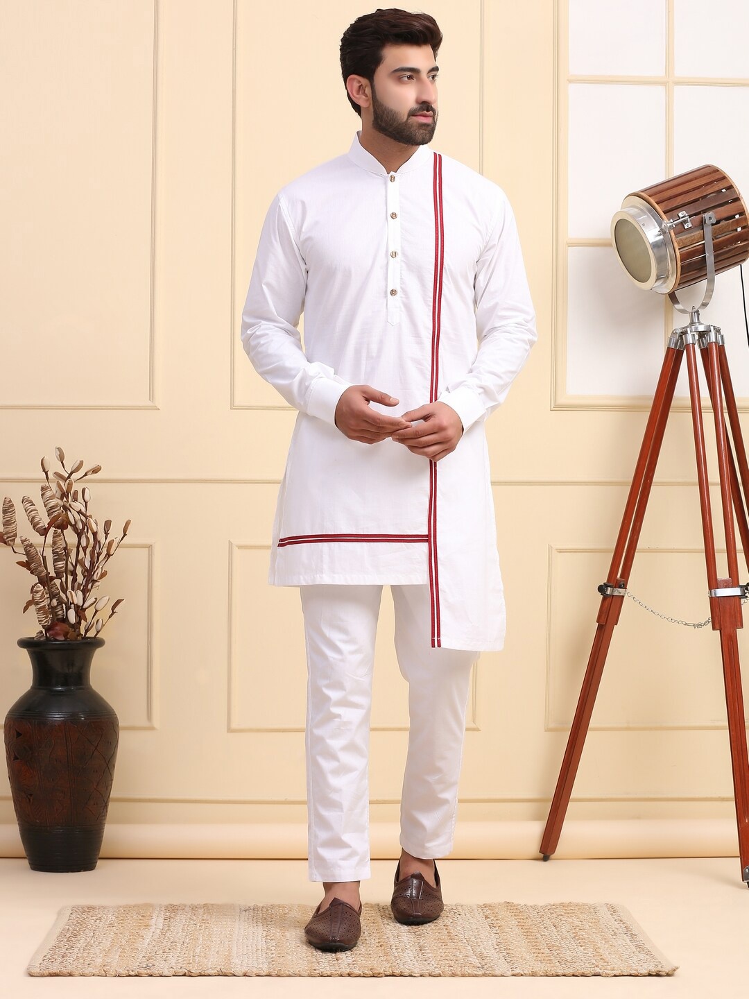 

MIDAV Embroidered Thread Work kurta with red band on front, White