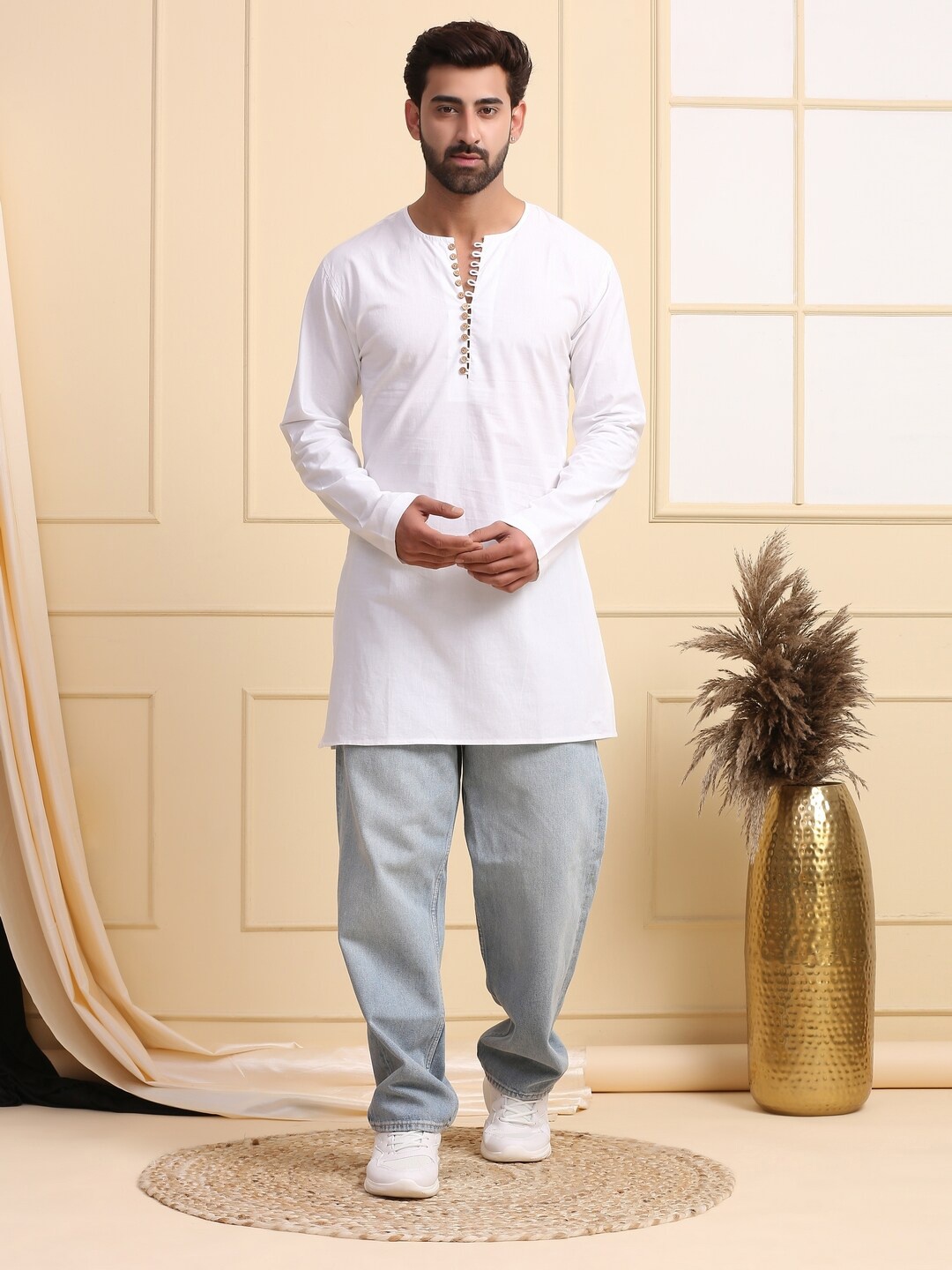 

MIDAV Thread Work Cotton Kurta, White