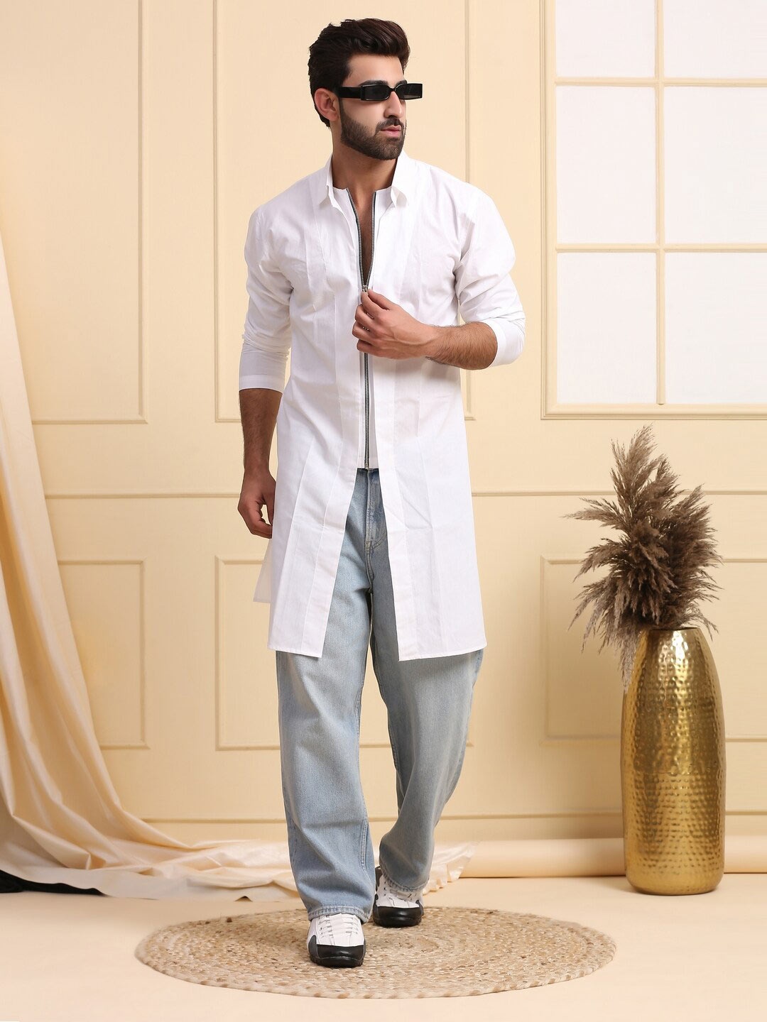 

MIDAV Long Sleeves Centre Open Zipper Kurta, White