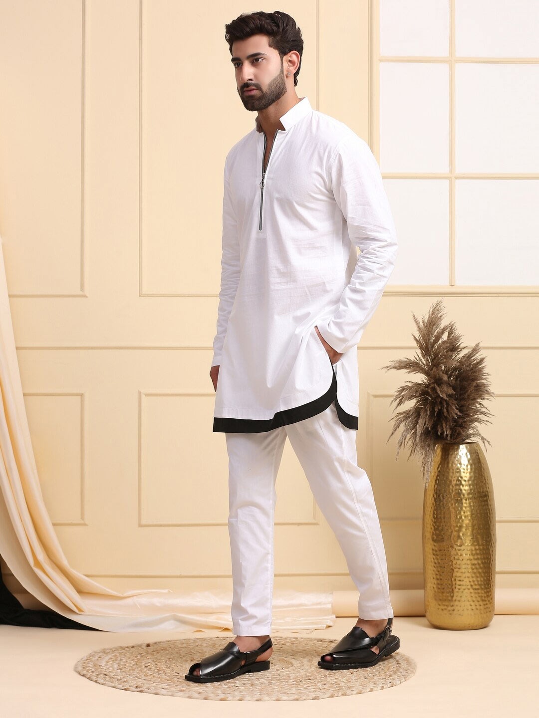 

MIDAV Long Sleeves Front Zipper Kurta, White