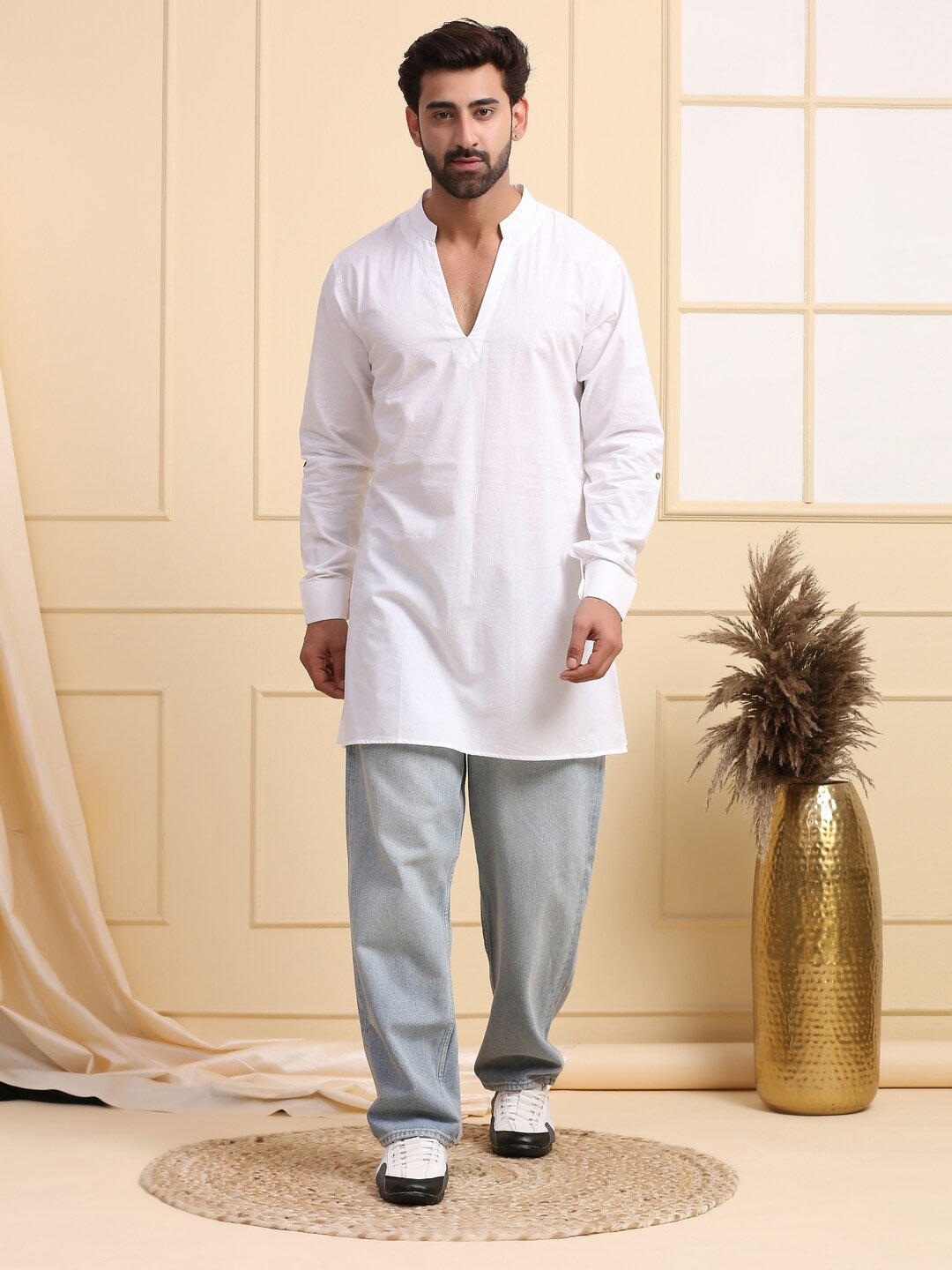 

MIDAV V-Neck Cotton Straight Short kurta, White