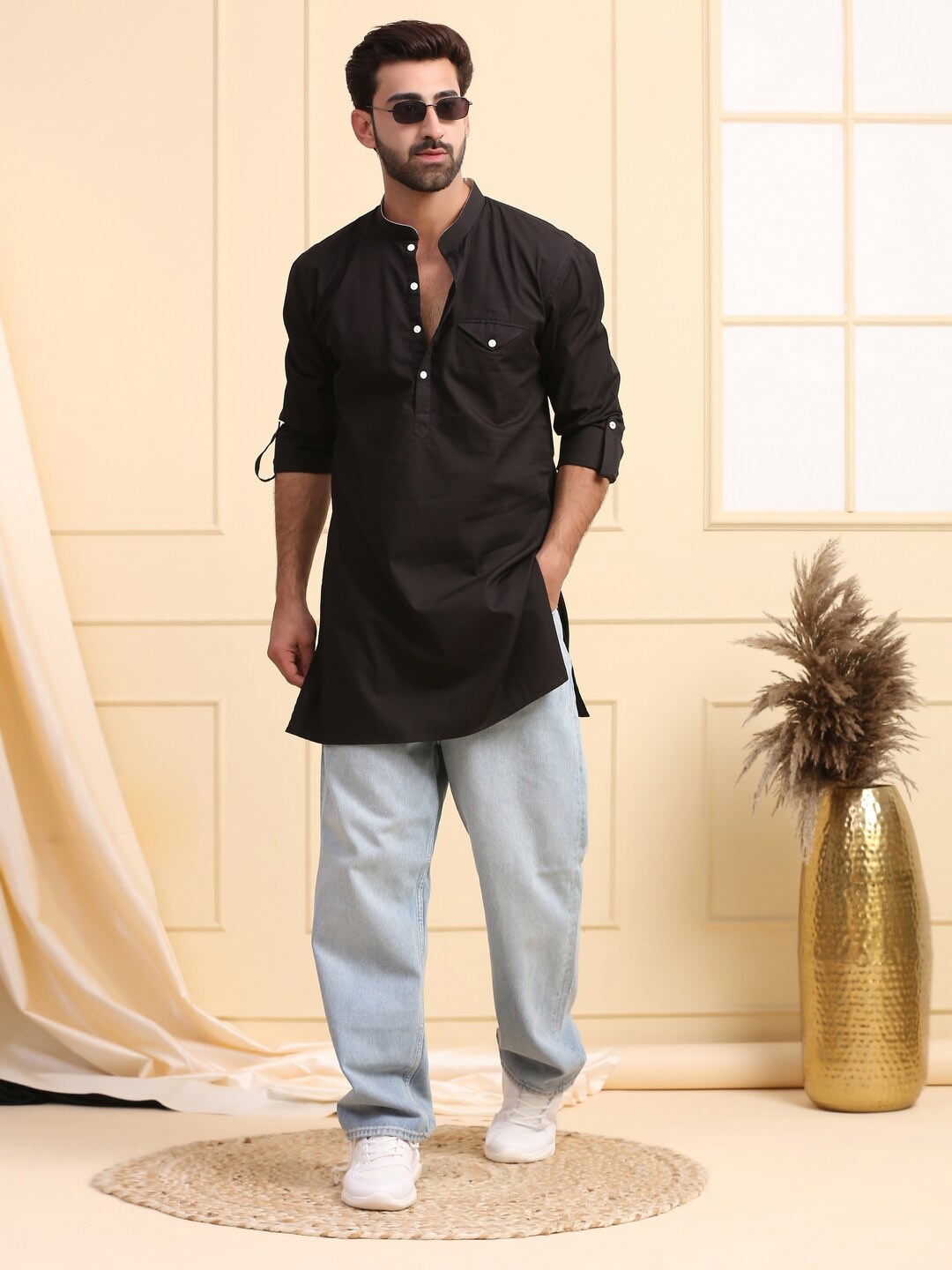 

MIDAV Thread Work Cotton Kurta, Black