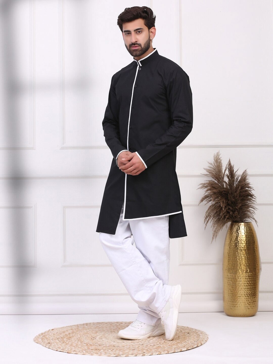 

MIDAV Asymmetric Cotton Kurta, Black