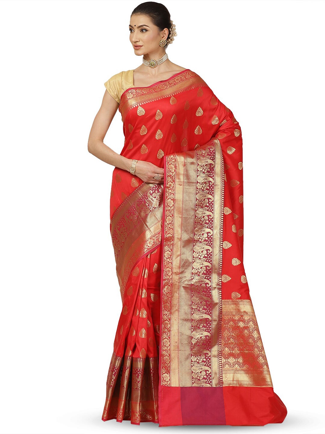 

PTIEPL Banarasi Silk Works Ethnic Motifs Woven Design Zari Saree, Red