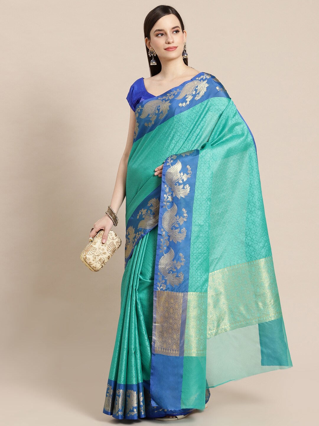 

PTIEPL Banarasi Silk Works Floral Woven Design Zari Saree, Sea green