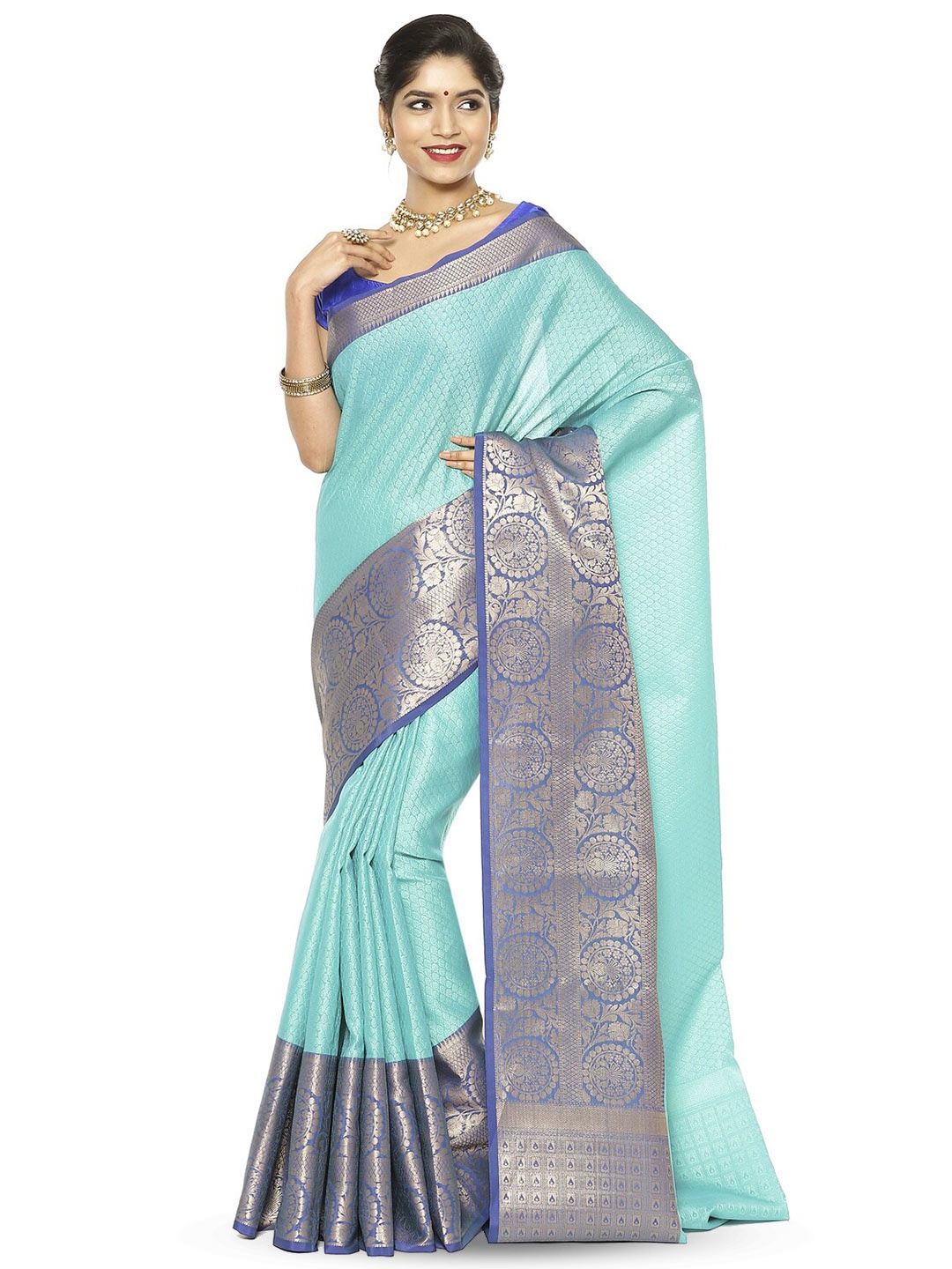 

PTIEPL Banarasi Silk Works Floral Woven Design Zari Art Silk Saree, Blue