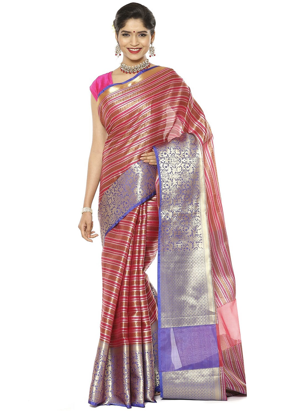 

PTIEPL Banarasi Silk Works Striped Woven Design Zari Kanjeevaram Saree, Pink